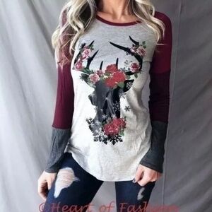 Holiday Christmas Deer Graphic Color Block Festive Raglan Top Tee Shirt